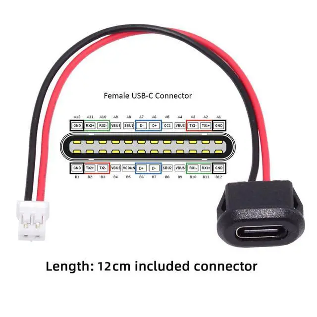 Alt view image 4 of 7 - xiwai 5pcs/Set DIY OEM Type C Female Socket to 2Pin Header Cable Type-C to 2P Waterproof Terminal Wire with Pitch=2.0mm Latch Mount Type USB C Pigtail DC 5V Extension Power Cable