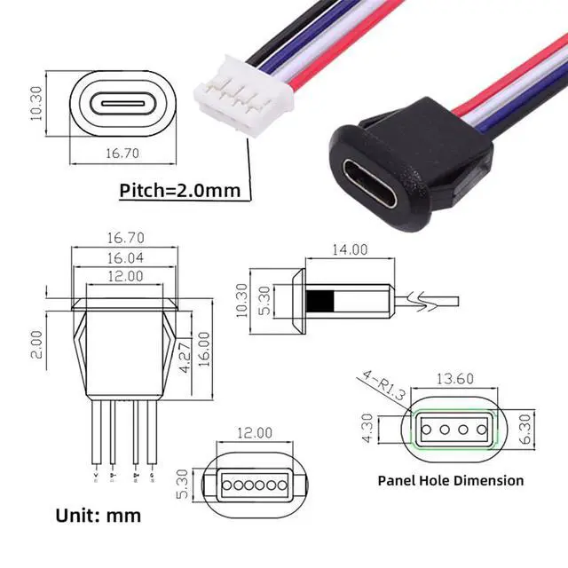 Alt view image 3 of 7 - xiwai 5pcs/Set DIY OEM Type C Female Socket to 4Pin Header Cable Type-C to 4P Terminal Wire with Pitch=2.0mm Latch Mount Type USB C Pigtail DC 5V Extension Power Cable