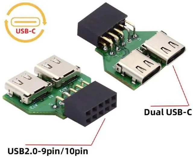Alt view image 5 of 7 - xiwai USB 2.0 Internal 9pin 10pin Header to Dual Ports USB 3.1 Type-C USB-C Motherboard Adapter PCBA 480Mbps