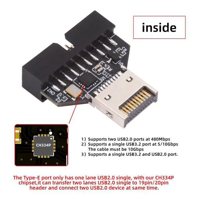 Alt view image 2 of 7 - Xiwai Type-E Key-A to 20Pin Header 10Gbps Overmold IDC Socket USB 3.1 Front Panel Header to USB 3.0 19Pin Extension Connector Adapter with CH334P