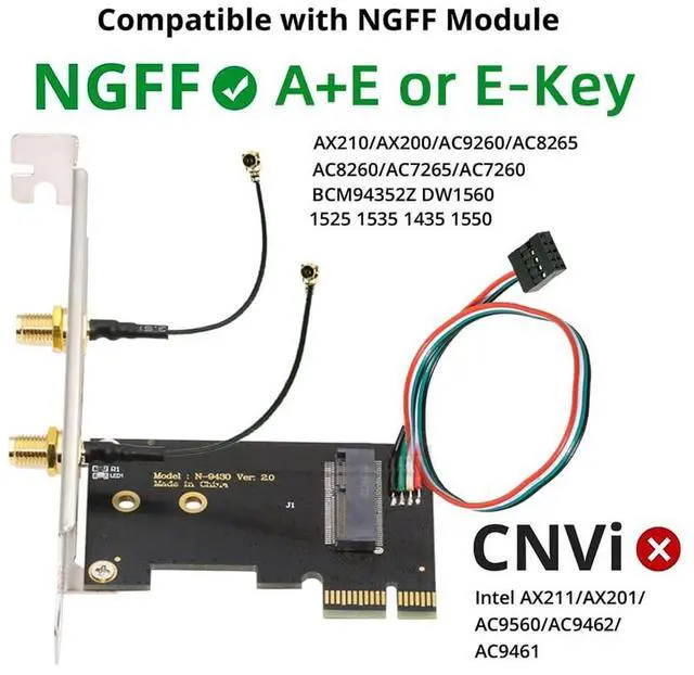 Alt view image 6 of 7 - Card Wireless NGFF A/E-Key WiFi Card to PCI-E Express 1x Adapter for WLAN Wifi6 Wifi7 Bluetooth (PCIE to A+E)