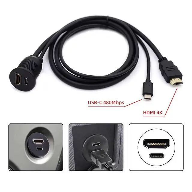 Alt view image 2 of 7 - xiwai 2 Ports Waterproof Dustproof USB-C Type-C USB 3.1 &HDMI 4K Latch Mount Flush Cable Extension for Dash Panel 3.28ft