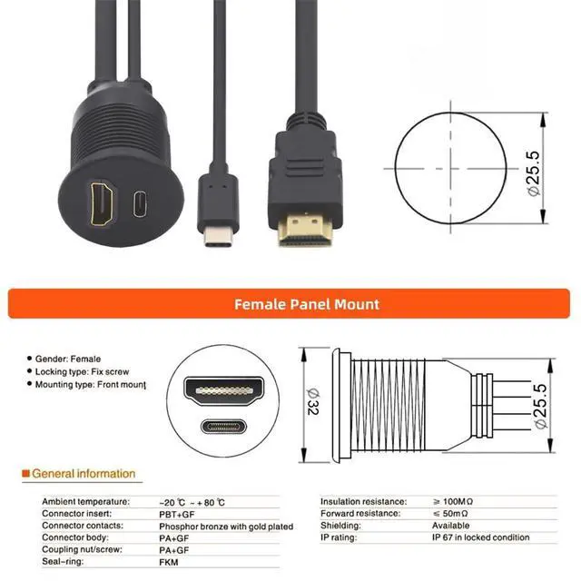 Alt view image 4 of 7 - xiwai 2 Ports Waterproof Dustproof USB-C Type-C USB 3.1 &HDMI 4K Latch Mount Flush Cable Extension for Dash Panel 3.28ft