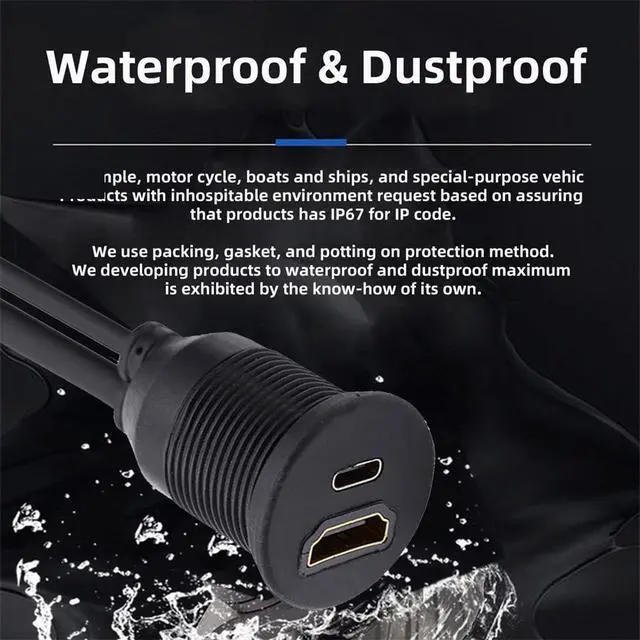 Alt view image 5 of 7 - xiwai 2 Ports Waterproof Dustproof USB-C Type-C USB 3.1 &HDMI 4K Latch Mount Flush Cable Extension for Dash Panel 3.28ft