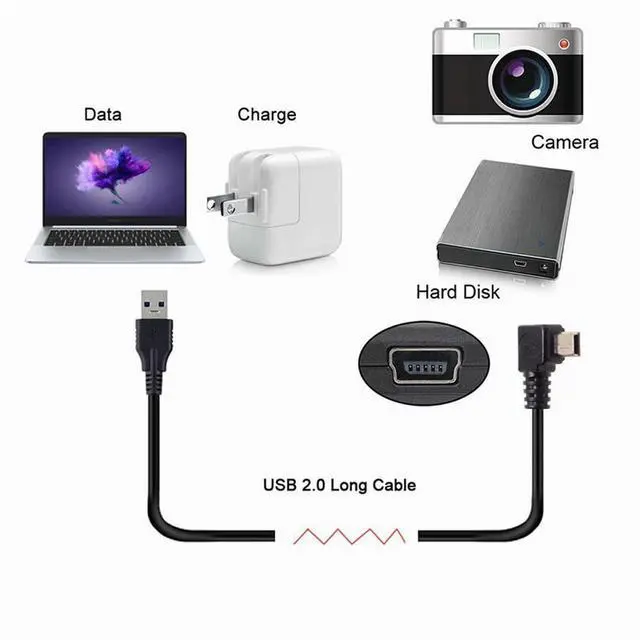 Alt view image 2 of 7 - JSER Mini USB Type-B 5pin Male Left Angled 90 Degree to USB 2.0 Male Power Data Cable 50cm