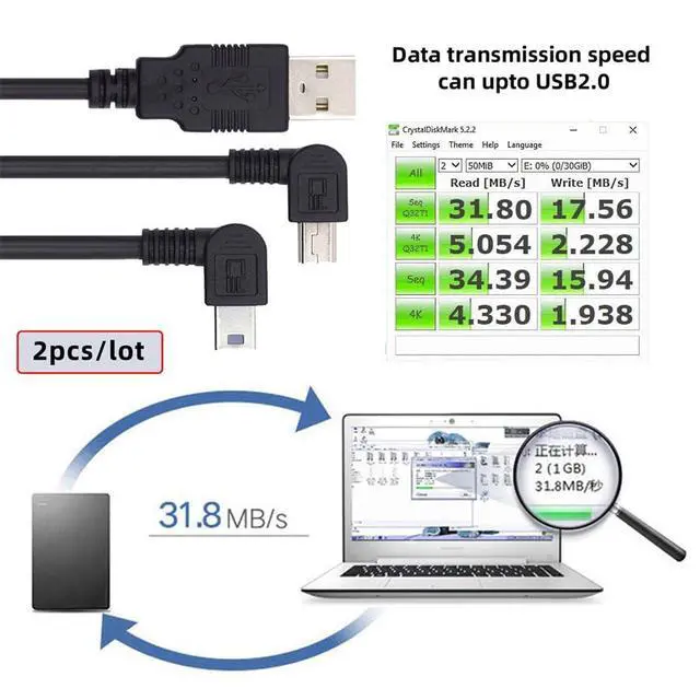 Alt view image 3 of 7 - JSER Mini USB B Type Left & Right Angled 90 Degree to USB 2.0 Male Data Power Cable 2pcs/lot 50cm