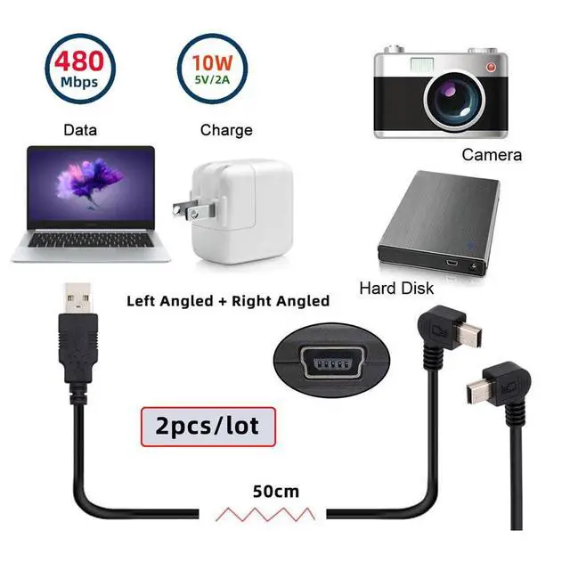 Alt view image 7 of 7 - JSER Mini USB B Type Left & Right Angled 90 Degree to USB 2.0 Male Data Power Cable 2pcs/lot 50cm