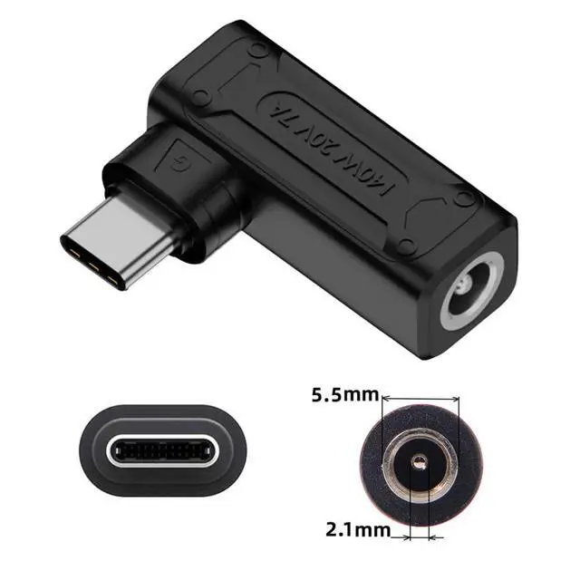 Alt view image 7 of 7 - DC Jack 5.5x2.1mm Input to USB-C Type-C Angled 90 Degree Power Plug 140W 100W Charge Adapter for Laptop Phone