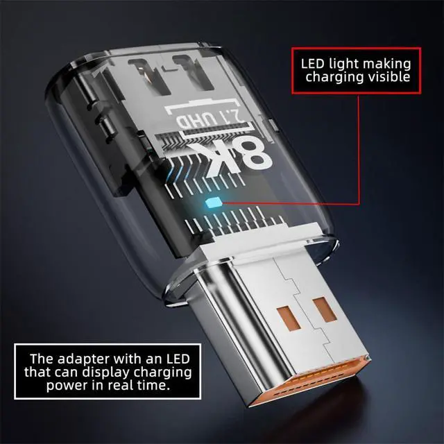 Alt view image 2 of 7 - xiwai HDMI Male to HDMI 2.1 Female Adapter UHD 8K 60hz HDTV Converter Extender Transparent with Smart LED Light for Monitor TV Projector