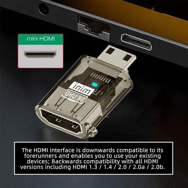 Alt view image 4 of 7 - xiwai Type-C Male Mini-HDMI to HDMI 2.1 Female UHD Extender Extension Adapter Transparent with Smart LED Light Support 8K 60hz HDTV