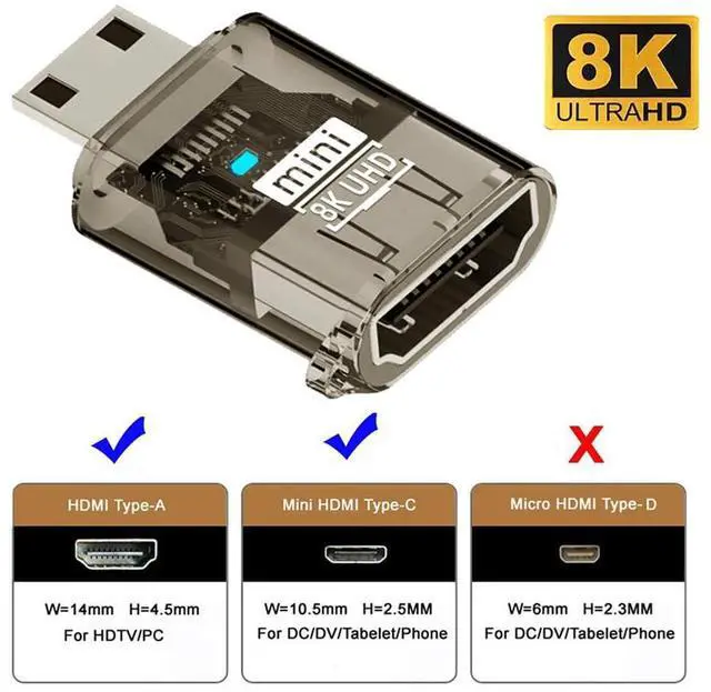 Alt view image 7 of 7 - xiwai Type-C Male Mini-HDMI to HDMI 2.1 Female UHD Extender Extension Adapter Transparent with Smart LED Light Support 8K 60hz HDTV