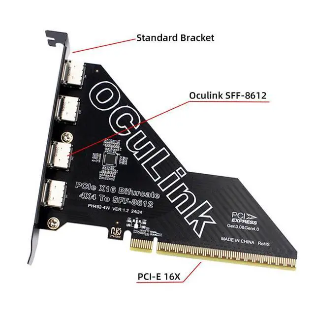 Alt view image 6 of 7 - Xiwai PCI-Express 4.0 16x PCIE Detachable to Four Oculink SFF-8612 SFF-8611 VROC Raid0 External Adapter for U.2 SSD eGPU External Graphics Card Dock