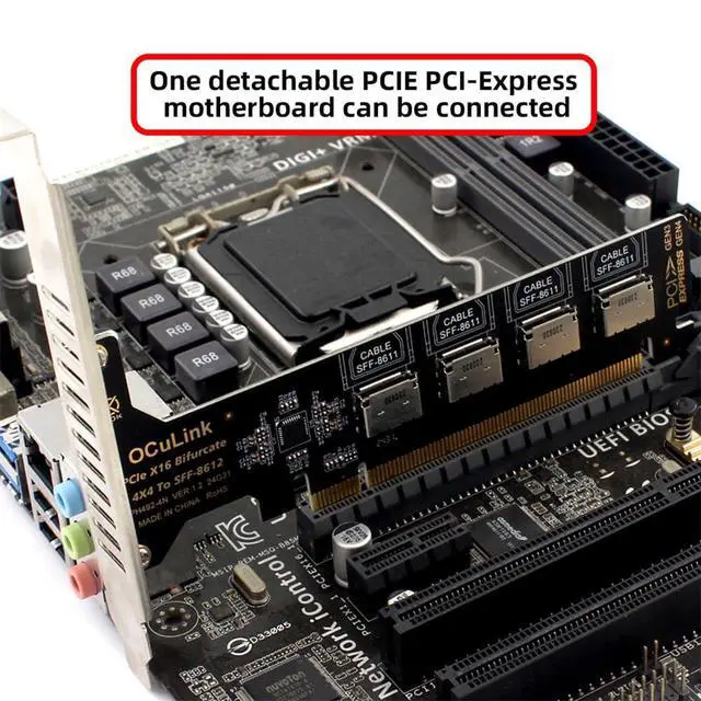 Alt view image 2 of 7 - Xiwai PCI-Express 4.0 16x PCIE Detachable to Four Oculink 4X SFF-8612 SFF-8611 Internal VROC Raid0 Adapter for U.2 SSD eGPU External Graphics Card Dock