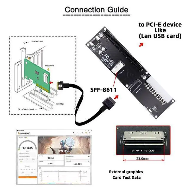 Alt view image 6 of 7 - xiwai Oculink SFF-8612 8611 8X to 16x PCIE PCI-Express Adapter with ATX 24pin Power Port for Mainboard Graphics Card