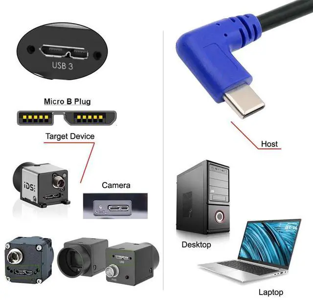 Alt view image 7 of 7 - xiwai 10 Gbps USB-C Type-C Host to Micro USB3.0 Hard Disk Cable 90 Degree Right Angled for Industrial Camera Storage Phone