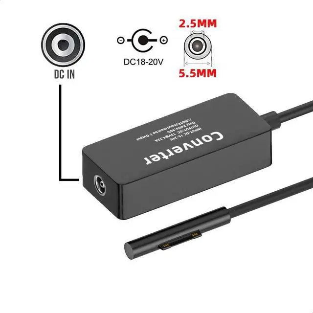 Alt view image 3 of 7 - xiwai DC 5.5x2.5mm Jack to Surface 65W 20V 15V-24V Work for Laptop Surface Pro3 Pro4 Pro5 Pro6 Pro7 Pro8 Pro9 Book Pro 65W Charge Cable