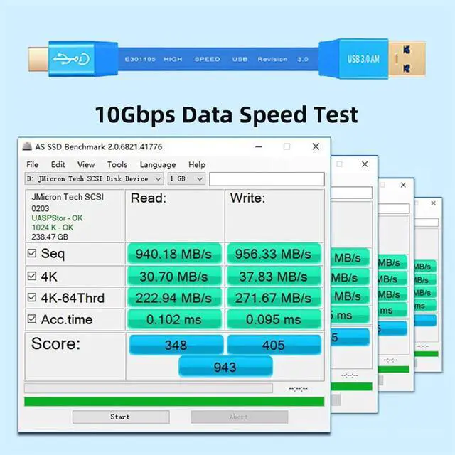 Alt view image 7 of 7 - xiwai USB 3.0 Type-A Male to USB-C Type-C Male Ultra Flat Slim Cable Data Blue 10Gbps for Disk SSD Camera Laptop Computer 30cm