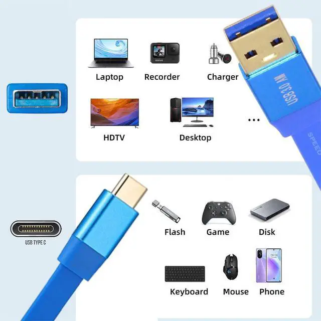 Alt view image 2 of 7 - xiwai USB 3.0 Type-A Male to USB-C Type-C Male Ultra Flat Slim Cable Data Blue 10Gbps for Disk SSD Camera Laptop Computer 30cm