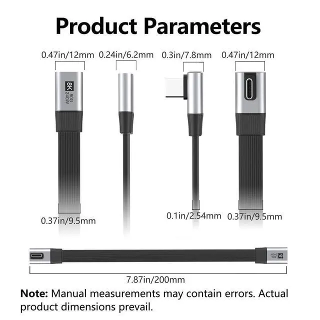 Alt view image 5 of 7 - xiwai 20cm Low Profile Angled 90 Degree USB5.0 Male to Female 80Gbps Flat Slim FPC Extension Cable 240W 16K 8K 60Hz 5K Compatible with Thunderbolt3/4/5 40Gbps USB4.0