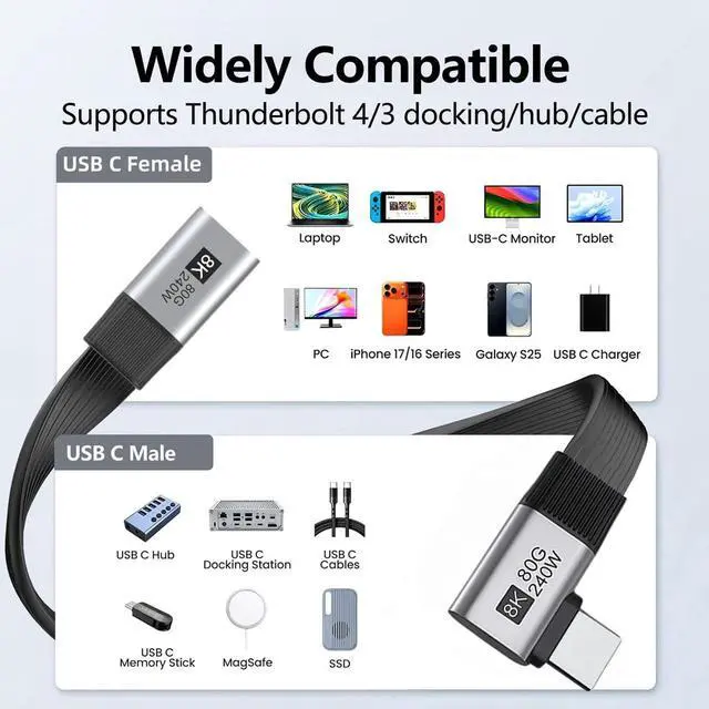 Alt view image 4 of 7 - xiwai 20cm Right Angled 90 Degree USB5.0 80Gbps Male to Female Slim Flat FPC Extension Cable 240W 16K 8K 60Hz 5K Compatible with Thunderbolt3/4/5 40Gbps USB4.0