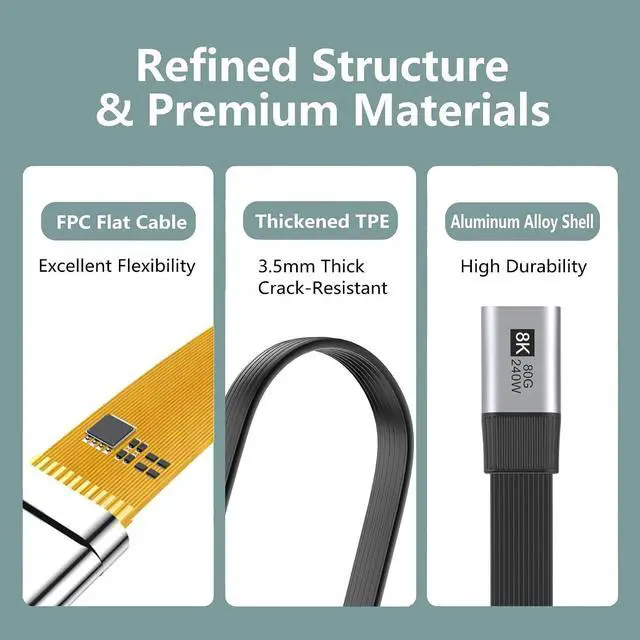 Alt view image 2 of 7 - xiwai 20cm Right Angled 90 Degree USB5.0 80Gbps Male to Female Slim Flat FPC Extension Cable 240W 16K 8K 60Hz 5K Compatible with Thunderbolt3/4/5 40Gbps USB4.0