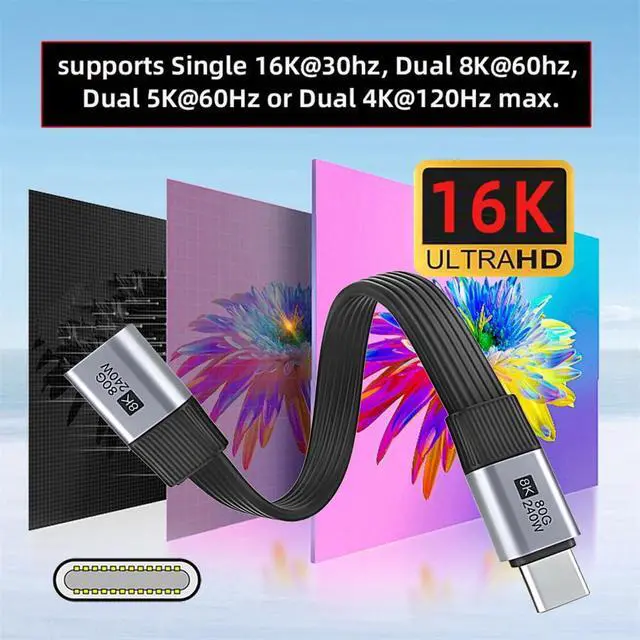 Alt view image 6 of 7 - xiwai 20cm Slim Flat FPC USB5.0 80Gbps Male to Female Extension Cable 240W 16K 8K 60Hz 5K Compatible with Thunderbolt3/4/5 40Gbps USB4.0