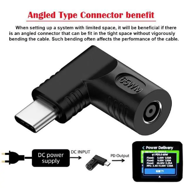 Alt view image 6 of 7 - xiwai DC Jack 4.5x3.0mm Input to USB-C Adapter Type-C Connector Angled 90 Degree Power Plug Charge Adapter for Laptop Phone 65W