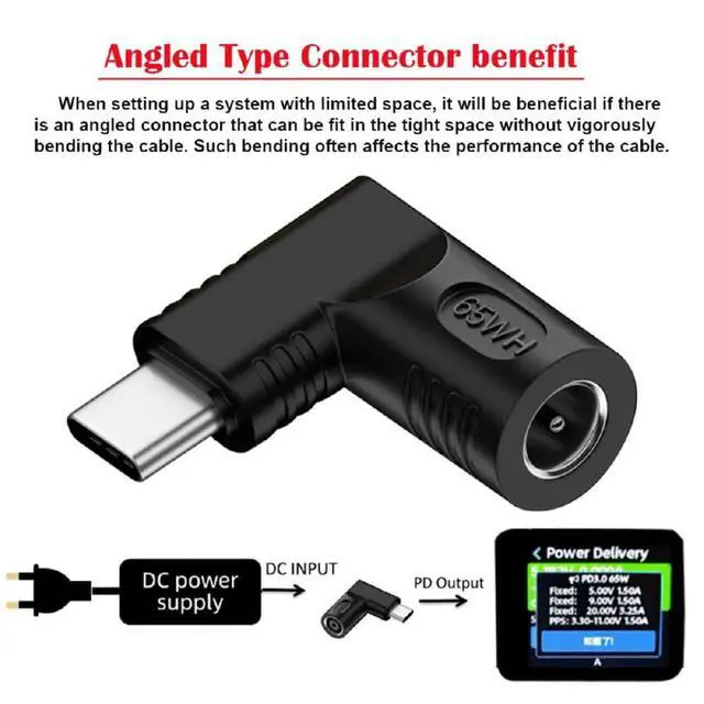 Alt view image 2 of 7 - xiwai DC Jack 5.5x1.7mm Input to USB-C Adapter Type-C Connector Angled 90 Degree Power Plug Charge Adapter for Laptop Phone 65W