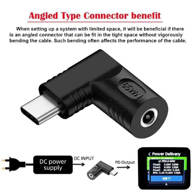 Alt view image 7 of 7 - xiwai DC Jack 3.5x1.35mm Input to USB-C Adapter Type-C Connector Angled 90 Degree Power Plug Charge Adapter for Laptop Phone 65W