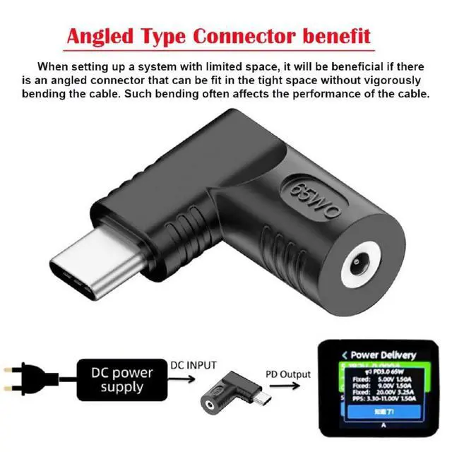Alt view image 3 of 7 - xiwai DC Jack 2.5x0.7mm Input to USB-C Adapter Type-C Connector Angled 90 Degree Power Plug Charge Adapter for Laptop Phone 65W