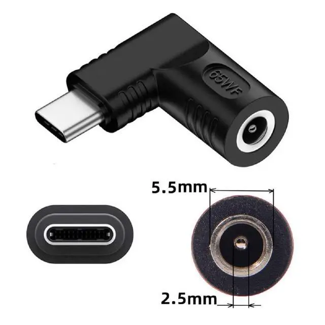 Alt view image 2 of 7 - xiwai DC Jack 5.5x2.5mm Input to USB-C Adapter Type-C Connector Angled 90 Degree Power Plug Charge Adapter for Laptop Phone 65W