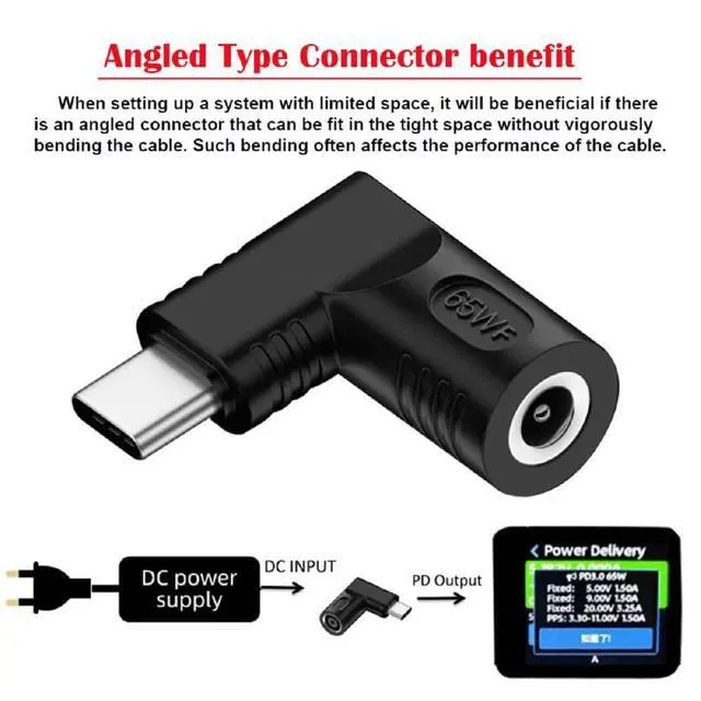 Alt view image 3 of 7 - xiwai DC Jack 5.5x2.5mm Input to USB-C Adapter Type-C Connector Angled 90 Degree Power Plug Charge Adapter for Laptop Phone 65W