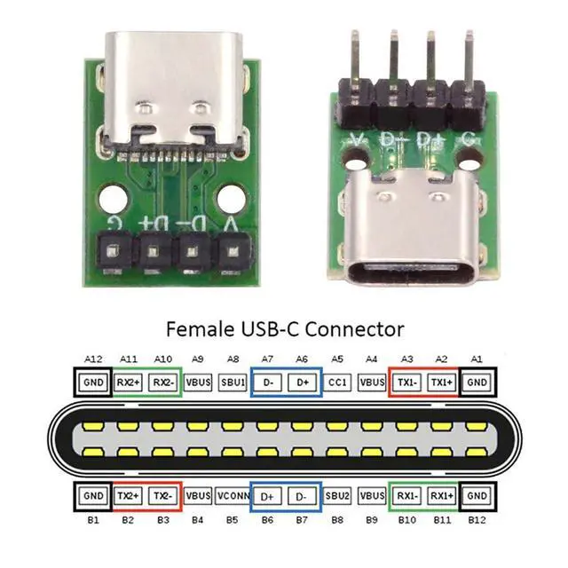 Alt view image 3 of 7 - xiwai 5pcs/Set DIY OEM Type C Female Plug Socket Connector to 4Pin Pitch=2.54mm Contact Header Vertical USB2.0 Pinout Test Board DC 5V Power Receptacle Adapter Solder