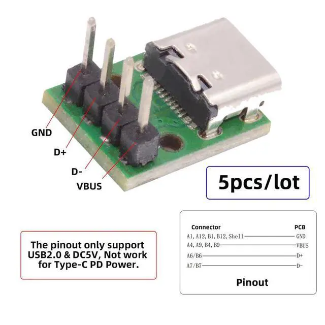 Alt view image 4 of 7 - xiwai 5pcs/Set DIY OEM Type C Female Plug Socket Connector to 4Pin Pitch=2.54mm Contact Header Vertical USB2.0 Pinout Test Board DC 5V Power Receptacle Adapter Solder