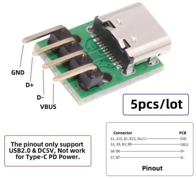 Alt view image 3 of 7 - xiwai 5pcs/Set DIY OEM Type C Female Plug Socket Connector to 4Pin Pitch=2.54mm Contact Header Horizontal USB2.0 Pinout Test Board DC 5V Power Receptacle Adapter Solder