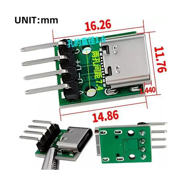 Alt view image 4 of 7 - xiwai 5pcs/Set DIY OEM Type C Female Plug Socket Connector to 4Pin Pitch=2.54mm Contact Header Horizontal USB2.0 Pinout Test Board DC 5V Power Receptacle Adapter Solder