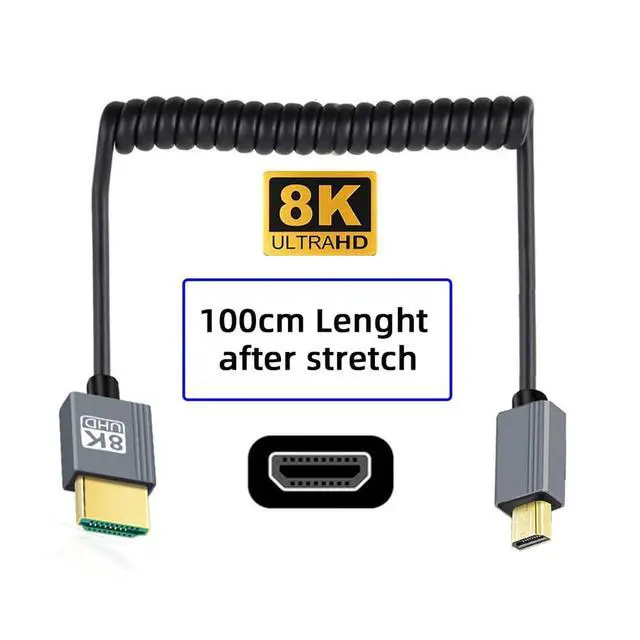Alt view image 7 of 7 - xiwai Coiled Micro HDMI 2.1 Type-D Male to HDMI Male Stretch Cable 100cm for HDTV Camera Laptop Monitor
