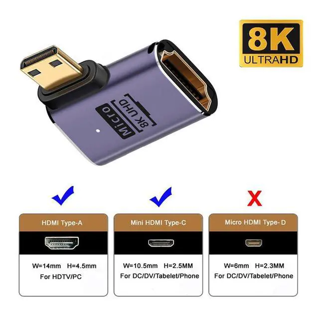 Alt view image 4 of 7 - xiwai 8K Right Angled Mini HDMI Male to HDMI 2.1 Female UHD Extension Gold Converter Adapter Support 8K 60hz HDTV