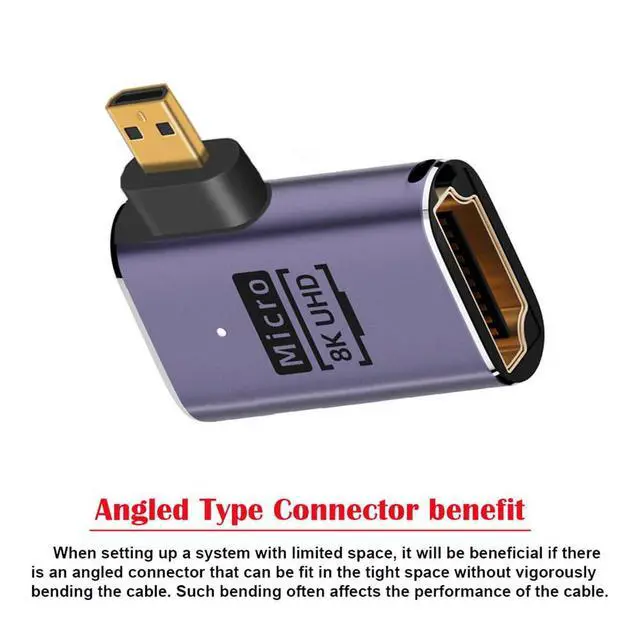 Alt view image 2 of 7 - xiwai 8K Right Angled Micro HDMI Male to HDMI 2.1 Female UHD Extension Gold Converter Adapter Support 8K 60hz HDTV