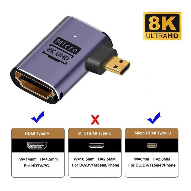 Alt view image 3 of 7 - xiwai 8K Right Angled Micro HDMI Male to HDMI 2.1 Female UHD Extension Gold Converter Adapter Support 8K 60hz HDTV