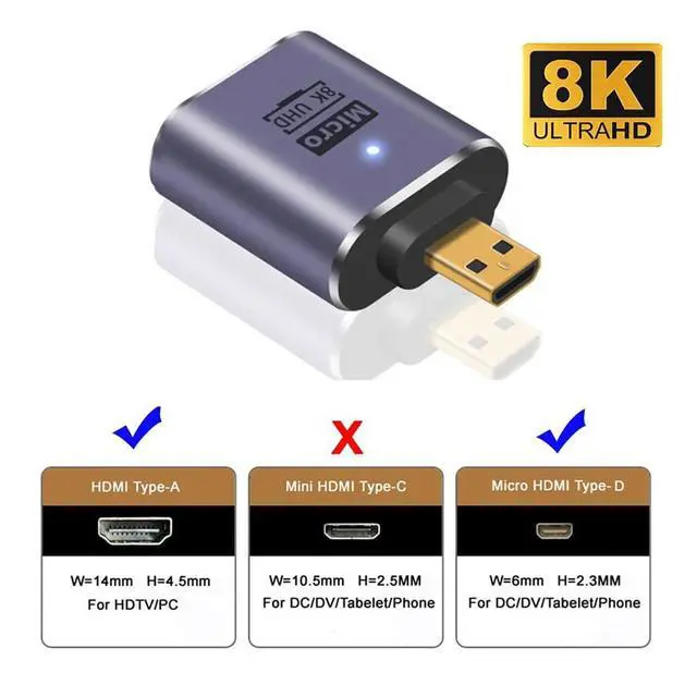 Alt view image 3 of 7 - xiwai 8K Micro HDMI Male to HDMI 2.1 Female UHD Extension Gold Converter Adapter Support 8K 60hz HDTV