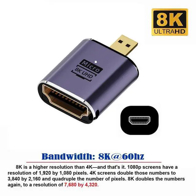 Alt view image 2 of 7 - xiwai 8K Micro HDMI Male to HDMI 2.1 Female UHD Extension Gold Converter Adapter Support 8K 60hz HDTV