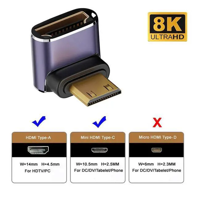 Alt view image 3 of 7 - xiwai 8K Down Angled Mini HDMI Male to HDMI 2.1 Female UHD Extension Gold Converter Adapter Support 8K 60hz HDTV