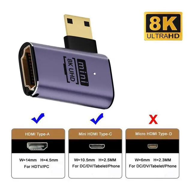 Alt view image 4 of 7 - xiwai 8K Left Angled Mini HDMI Male to HDMI 2.1 Female UHD Extension Gold Converter Adapter Support 8K 60hz HDTV