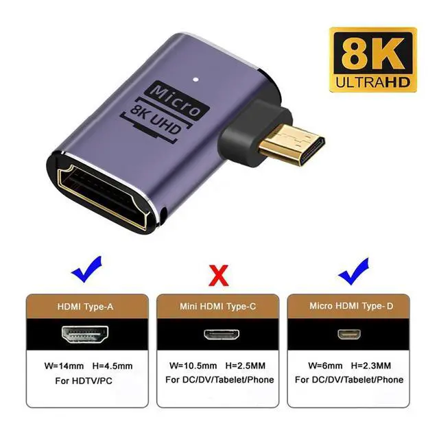 Alt view image 4 of 7 - xiwai 8K Left Angled Micro HDMI Male to HDMI 2.1 Female UHD Extension Gold Converter Adapter Support 8K 60hz HDTV