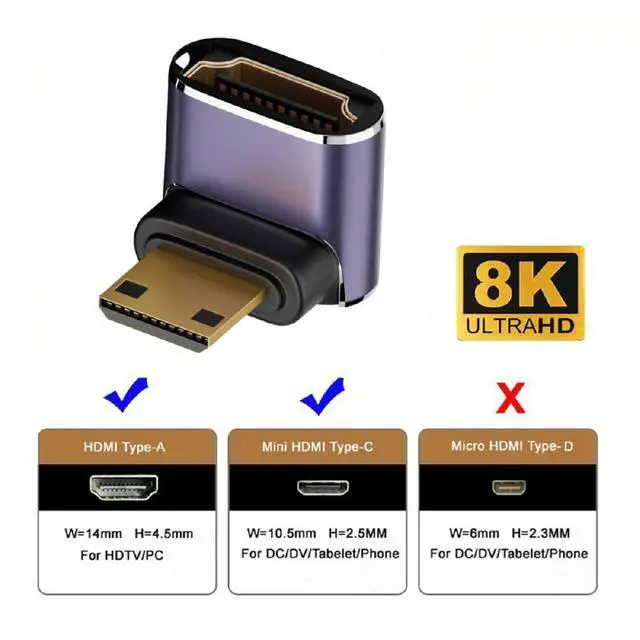 Alt view image 4 of 7 - xiwai 8K 60hz HDTV Mini HDMI 90 Degree Extender Gold Converter, Up Angled Mini HDMI Male to Female HDMI 2.1 UHD Extension Adapter