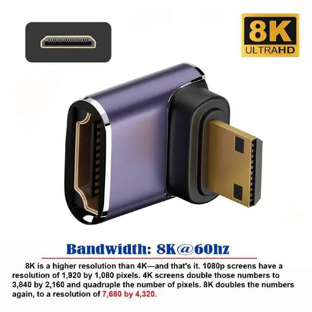 Alt view image 2 of 7 - xiwai 8K 60hz HDTV Mini HDMI 90 Degree Extender Gold Converter, Up Angled Mini HDMI Male to Female HDMI 2.1 UHD Extension Adapter