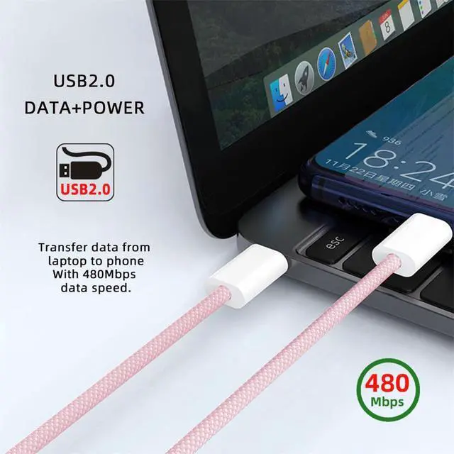 Alt view image 3 of 7 - xiwai 27W 65W Power USB-C Cable 480Mbps Data Cable Type C Fast Charging for Phone & Tablet & Laptop, 2m Pink Sleeve