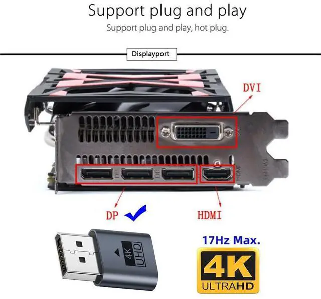 Alt view image 3 of 7 - xiwai Displayport 4K@17hz Dummy Plug Headless Ghost Emulator CY DP Virtual Display Adapter with LED Light Blue