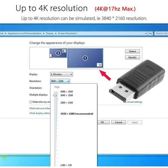 Alt view image 5 of 7 - xiwai DP 4K@17hz Virtual Display Adapter DP Displayport Dummy Plug Headless Ghost Display 2560x1600p@60Hz